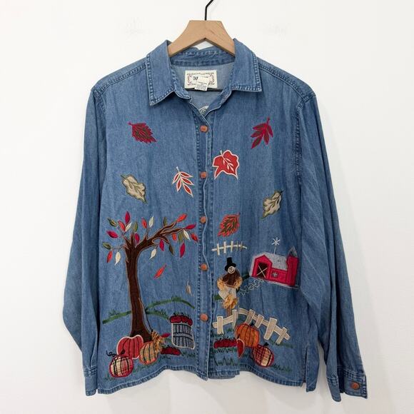Tantrums Tops - Tantrums Denim Shirt Jacket Women’s Embroidered Autumn Pumpkin Buttons Large